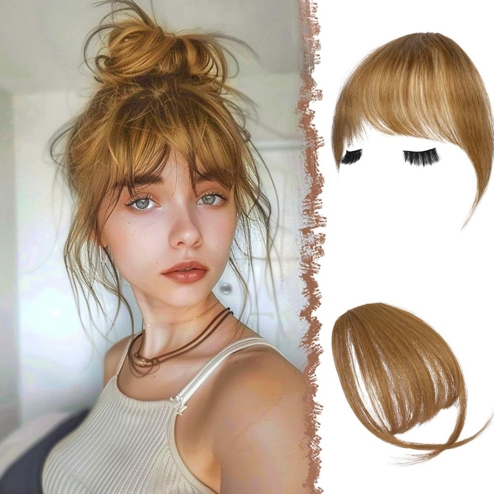 FESHFEN 100% Human Hair Clip In Bangs Blonde Mixed Brown